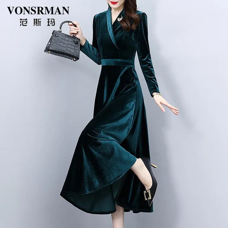VONSRMAN纯色丝绒连衣裙女2025新款秋冬季时尚高端气质收腰长裙子