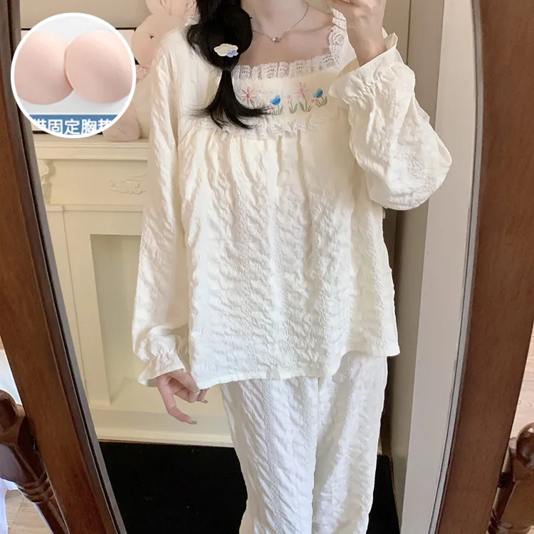 睡衣女秋冬季长裤纯色秋季长袖睡衣家居服套装花边家居服甜美夏季