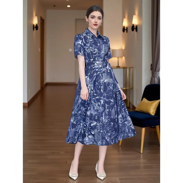 高品质通勤气质翻领印花衬衫裙度假风女夏新款连衣裙子