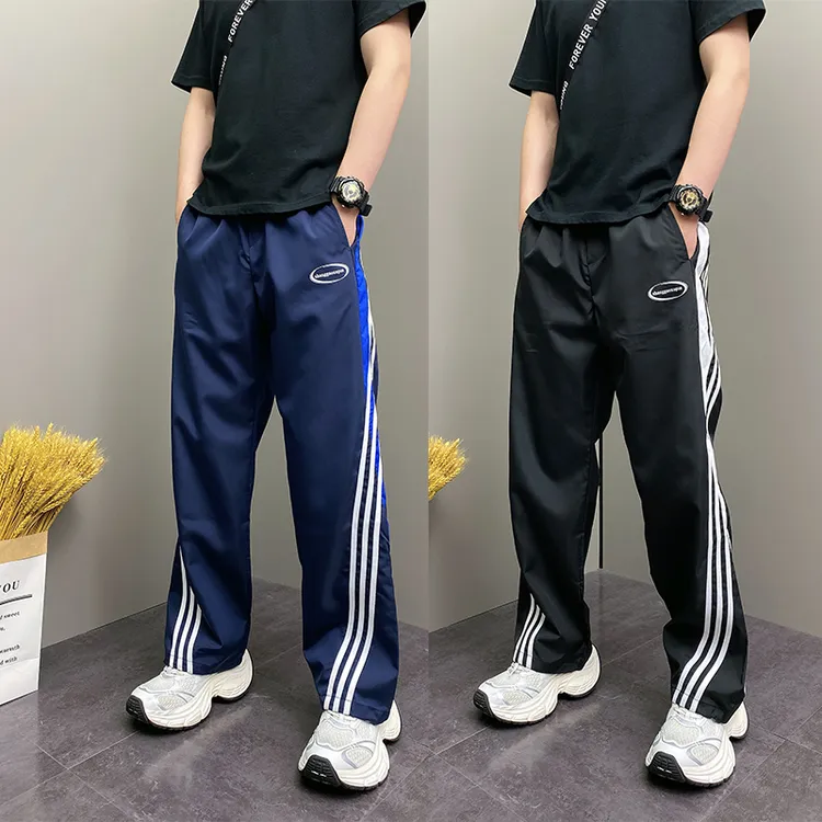 夏季潮牌三条杠条纹拼接休闲裤男直筒宽松阔腿裤男士新款运动裤子
