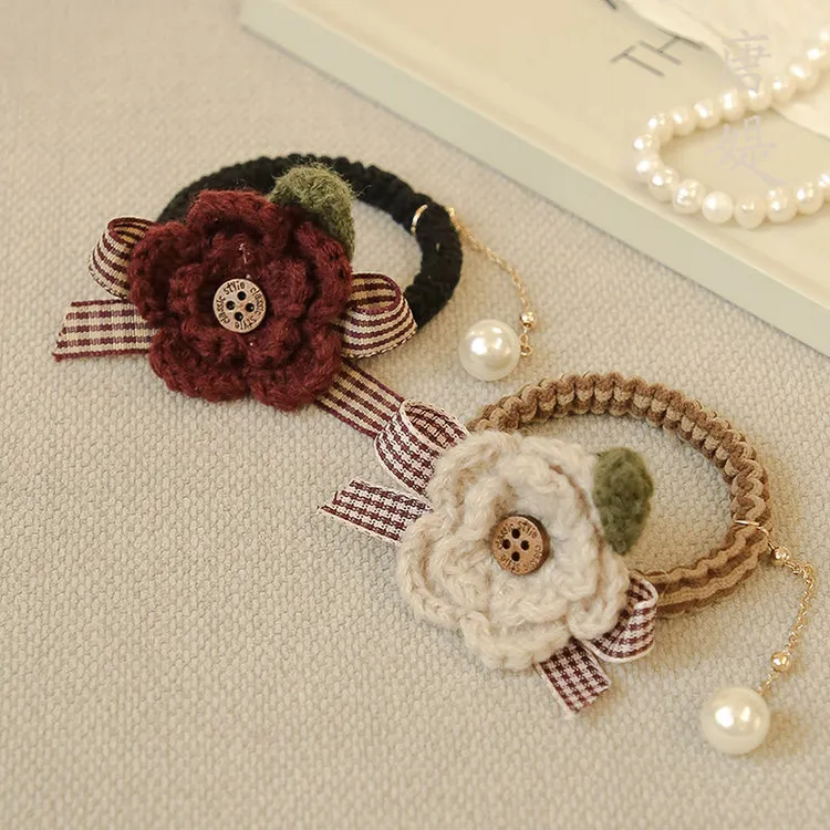 新款针织毛线玫瑰花蝴蝶结头绳珍珠流苏发圈甜美少女扎头皮筋发饰