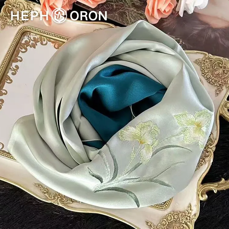 HEPHSORON苏绣丝巾礼盒送妈妈绿色刺绣百搭高级感桑蚕丝真丝围巾