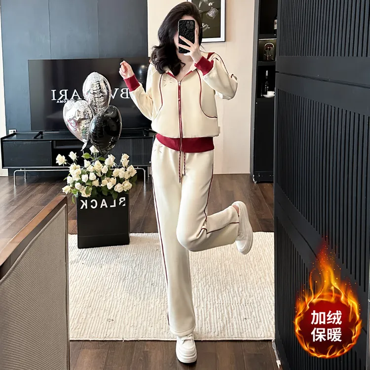 网红运动休闲套装女冬季新款时尚洋气连帽开衫上衣阔腿裤两件套潮