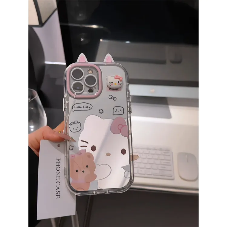 抱抱熊镂空kitty适用苹果17pro手机壳16p镜面华为p80奶油oppo小米