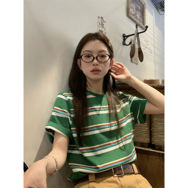 美式复古绿色条纹短袖正肩t恤女夏季小个子高街潮牌半袖宽松上衣