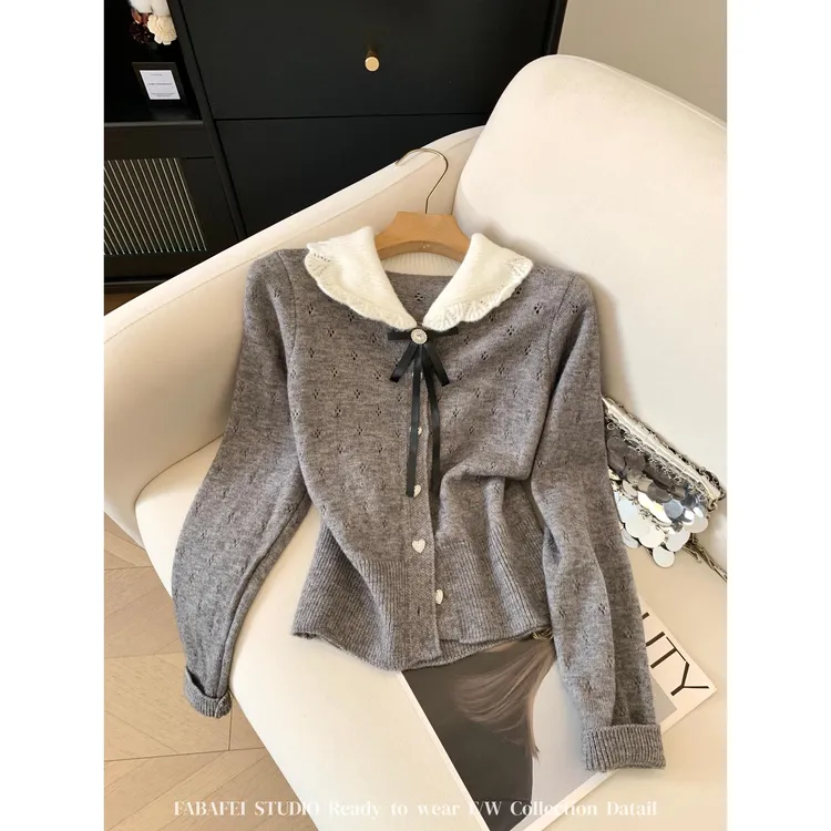 法式娃娃领长袖针织衫女秋冬款名媛小香蝴蝶结毛衣别致镂空短外套