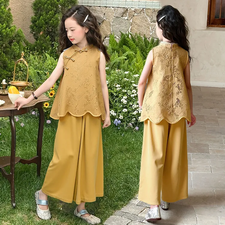 女童套装2025夏季新款新中式高级设计感镂空提花汉服儿童两件套潮