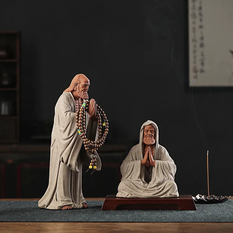 禅意彩砂陶瓷达摩思禅人物摆件高端家居客厅会所桌面茶宠装饰工艺