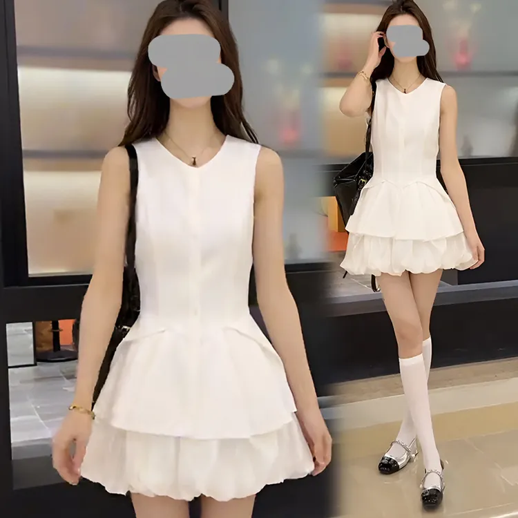 甜美奶乖套装荷叶边纯色无袖背心设计感花苞半身裙夏季穿搭组合装