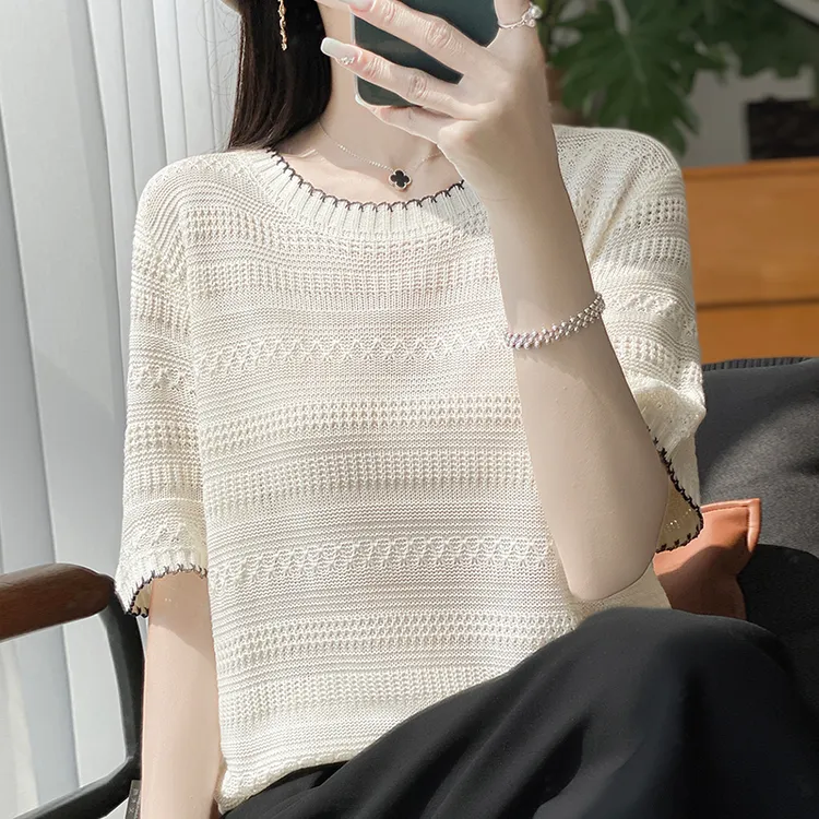 时尚爆款短袖t恤女夏季2025新款打底衫洋气大码女装冰丝针织上衣