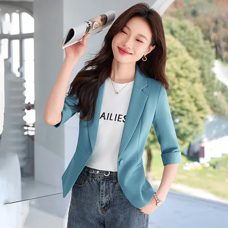 蓝绿中袖西装外套女士夏季薄款2025新款高级气质小个子西服休闲
