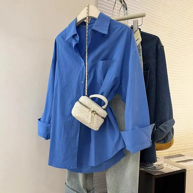 跨境女式衬衫内搭叠穿上衣春夏季韩系宽松防晒POLO领长袖衬衣外套