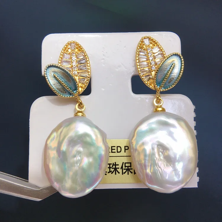 天然淡水珍珠耳钉女设计款莫兰迪叶子时尚巴洛克珍珠耳环耳饰