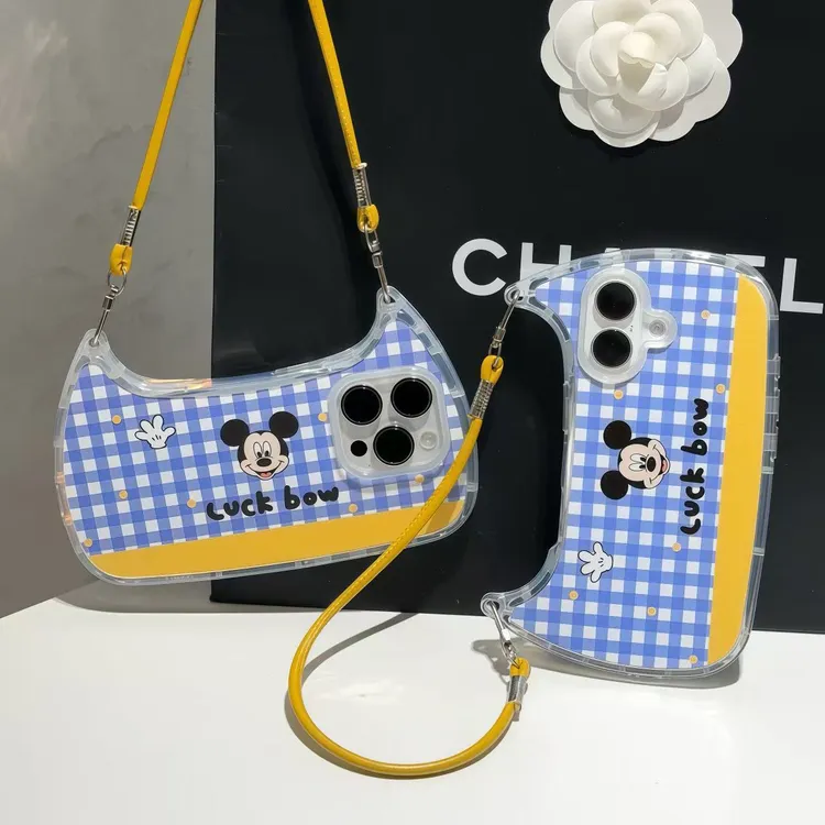 蓝格纹米奇手提包适用苹果16promax挂绳手机壳华为vivo小米15oppo