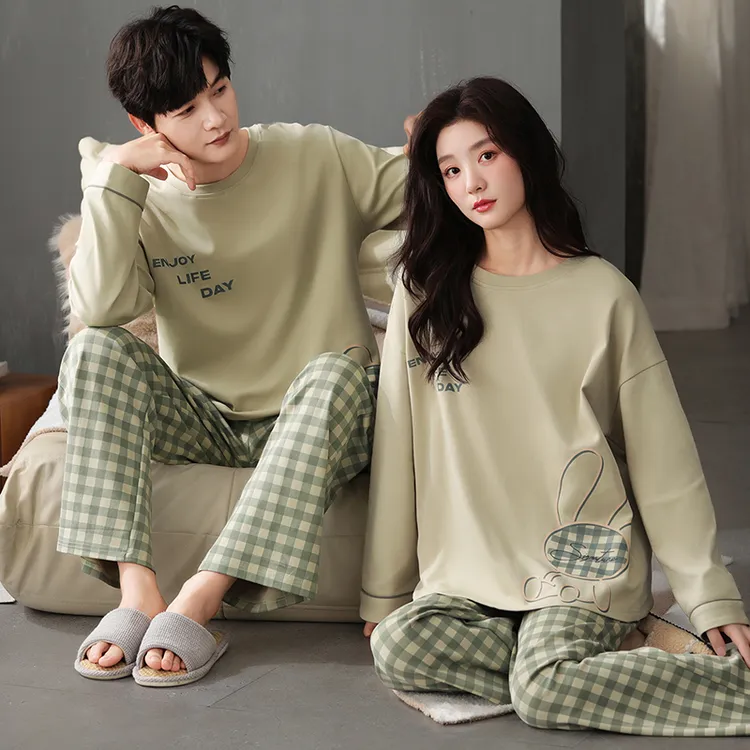 情侣睡衣秋冬款棉女生长袖长裤圆领韩版卡通家居服男士休闲棉套装