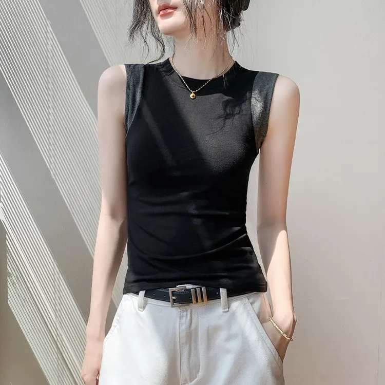 圆领拼色无袖上衣女秋季新款内搭修身打底衫外搭高级气质运动背心