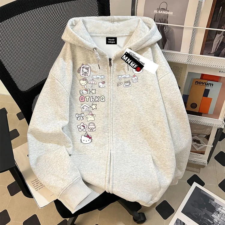 秋冬新款男女童加绒加厚拉链连帽卫衣凯蒂猫印花休闲中学生上衣潮