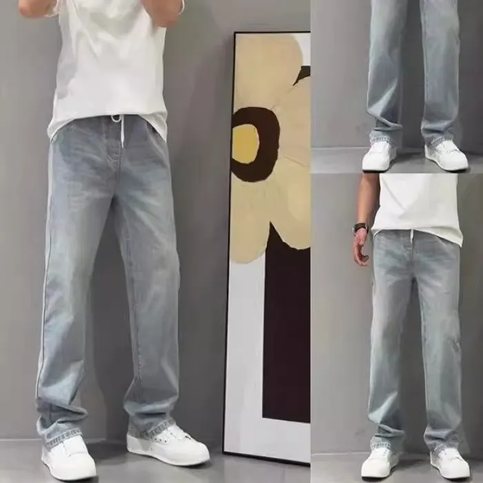 2025新款浅蓝色系绳牛仔裤男士宽松直筒休闲裤子男款百搭潮流长裤