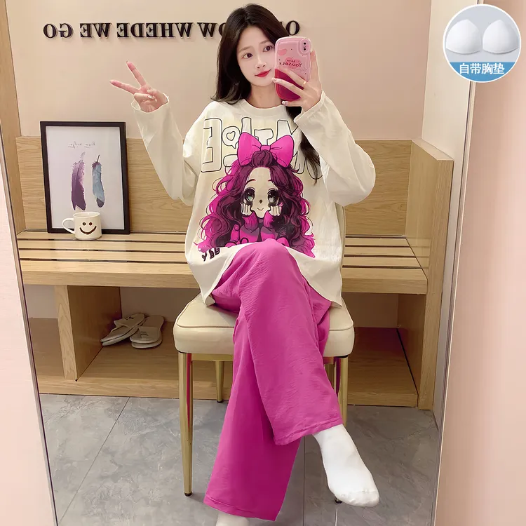 带胸垫睡衣女秋冬季长袖长裤卡通女孩网红爆款韩版少女家居服套装