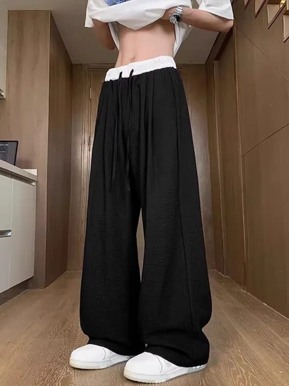 春秋撞色拼接韩版宽松男早秋款款美式慵懒风阔腿裤宽松直筒休闲裤