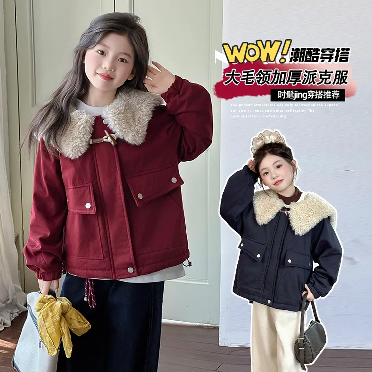 女童冬季加绒韩系派克服2025新款中大儿童加厚棉衣外套洋气拜年服