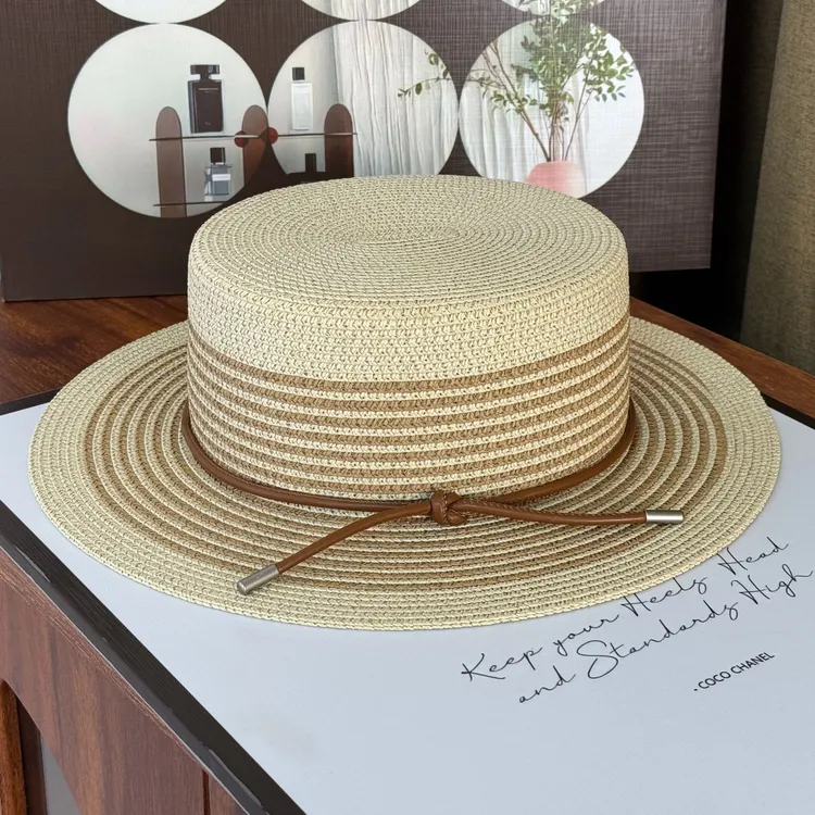2025新款法式条纹平顶皮带海边度假风款防晒草帽（沐森草帽馆设计）