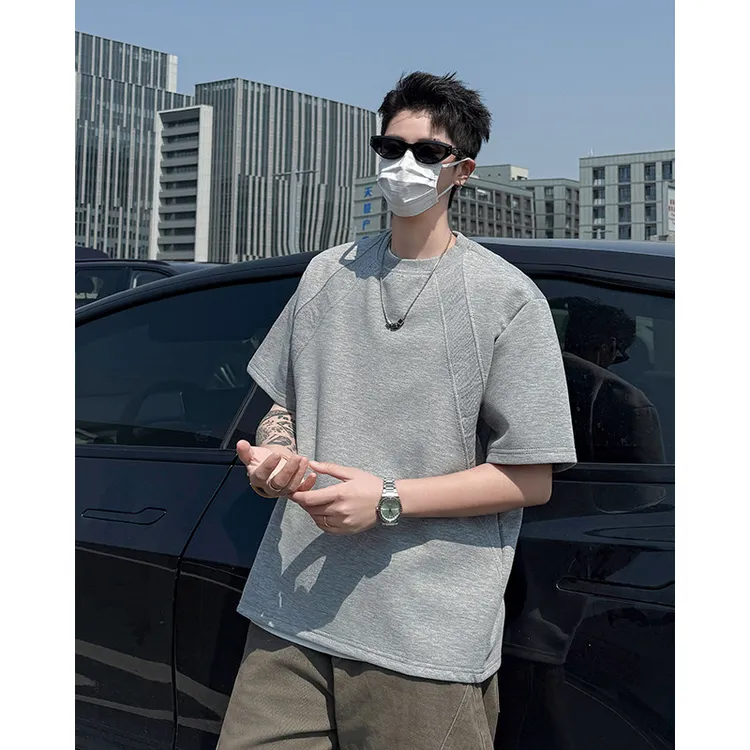 韩系短宽解构短袖t恤男重磅高级感宽松美式简约拼接boxy正肩上衣