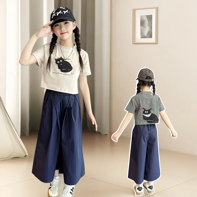 夏季女童休闲套装儿童女孩宽松透气韩系潮流可爱印花短袖长裤时尚