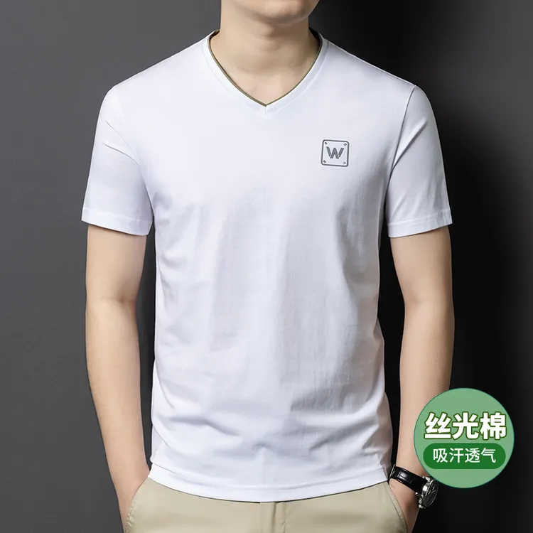男士短袖T恤爆款2025新款丝光棉吸汗透气夏季薄款鸡心领v领半袖白