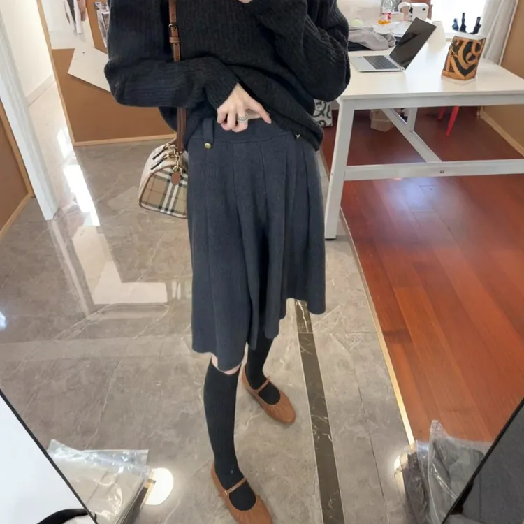 灰色羊绒百褶针织半身裙女秋冬季小个子中裙梨型身材遮胯a字伞裙