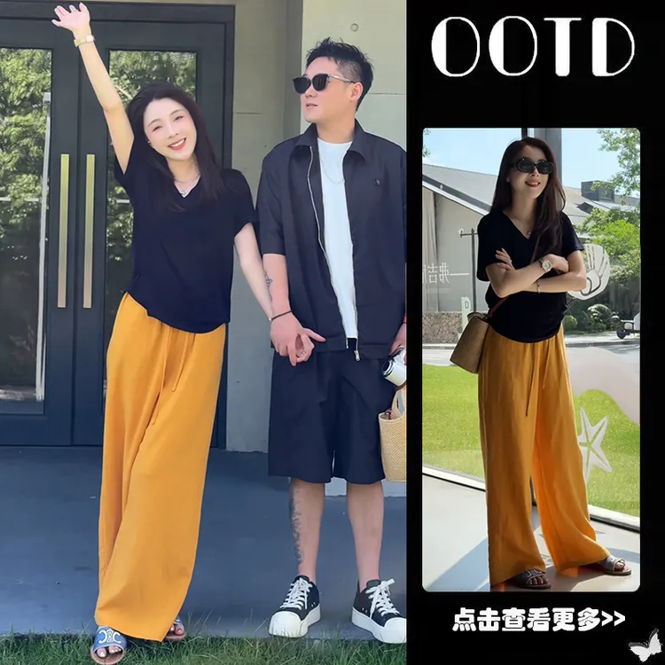 【现货】夏季穿搭一整套女2025新款黑色短袖T恤百搭阔腿裤两件套装