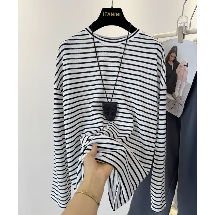 条纹长袖T恤女2025秋季新款韩系简约百搭显瘦时髦内搭打底衫上衣