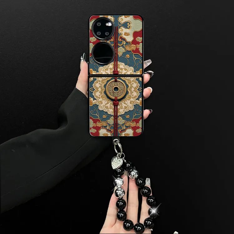 适用华为pockets手机壳招财铜币小羊皮折叠壳全包简约保护套