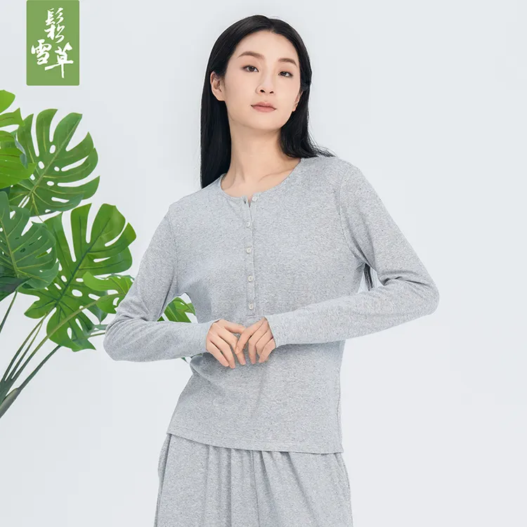鬆雪草罗纹针织半开领女上装2025秋季新款圆领长袖衫女5085009