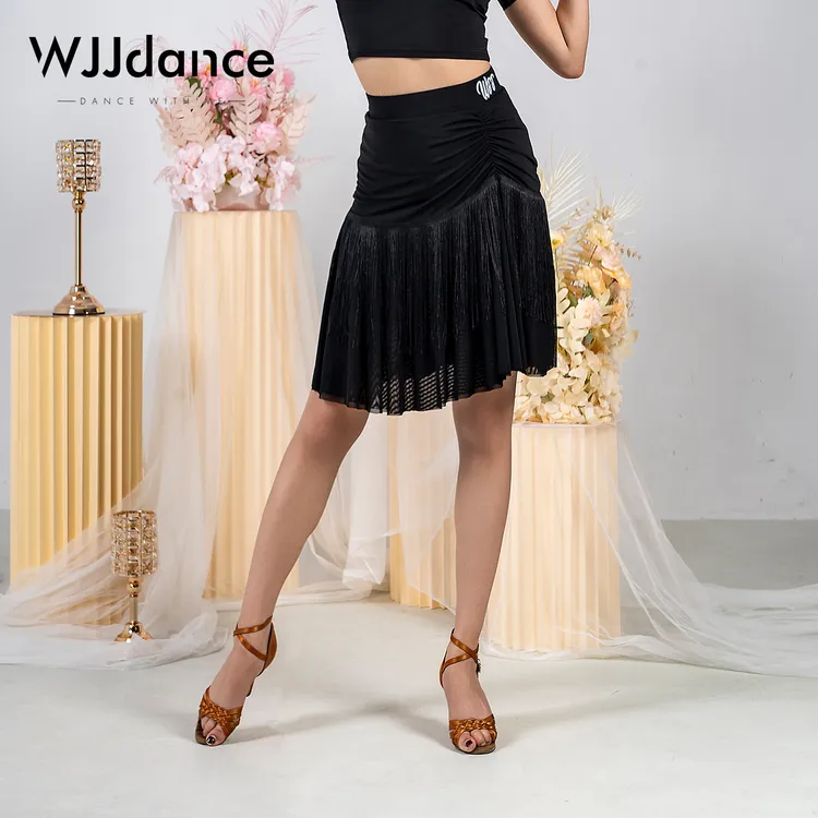WJJdance拉丁舞半身裙女2025新款左侧抽褶流苏网纱荷叶边国标短裙