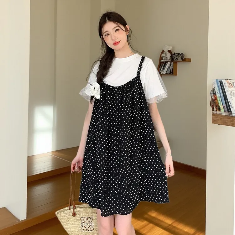 孕妇装夏季新款圆领短袖拼接上衣吊带裙小个子上衣波点连衣裙套装