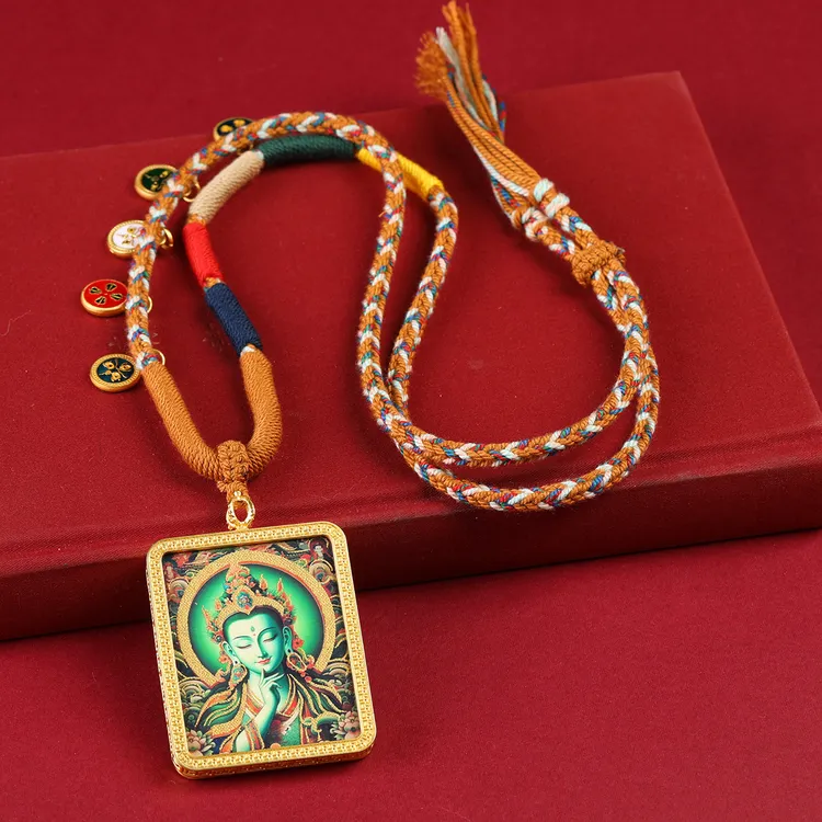 藏风手绘描金唐卡绿度母本命佛随身唐卡项链金色框吊坠浮瓜沉李