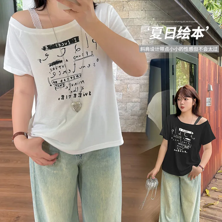 2025夏季新款大码街酷范印花T恤女斜露肩上衣