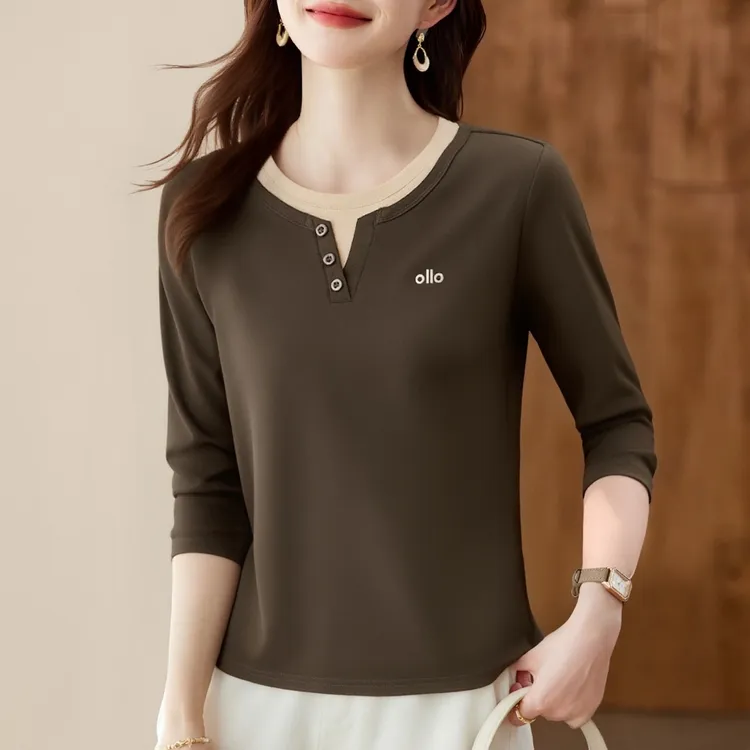 【90支长绒棉假两件长袖】春秋2025新款女士百搭遮肉显瘦减龄打底衫