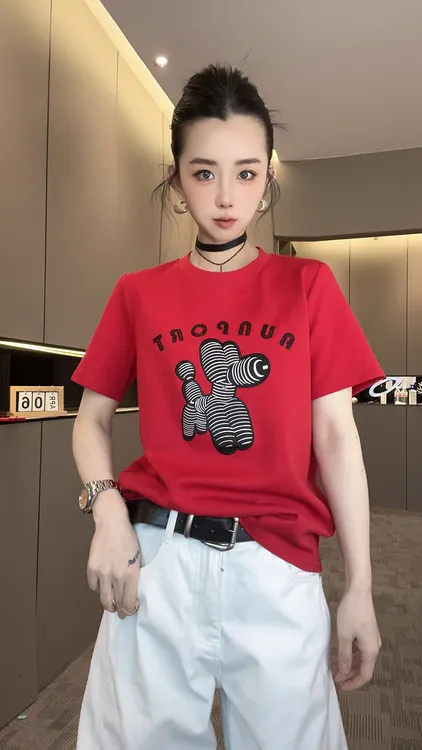 短袖T恤女2025冬季新款撞色拼接卡通条纹图案字母打底衫圆领上衣