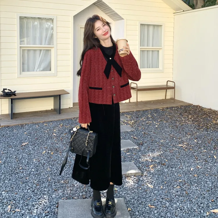 名媛小香风红色毛呢外套套装裙女2025秋冬气质高腰丝绒半裙两件套