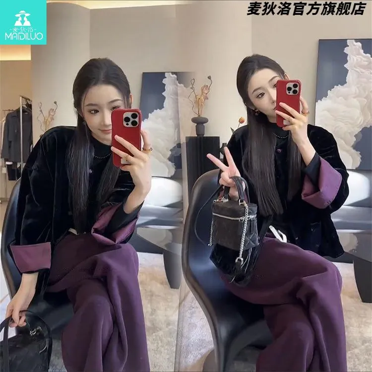 时尚复古套装女2025春季新款高级感新中式国风长袖外套裤子两件套