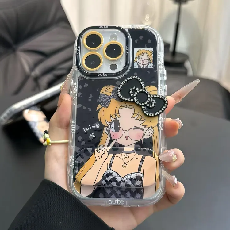 闪钻蝴蝶结美少女支架适用苹果16promax手机壳华为vivo小米15oppo