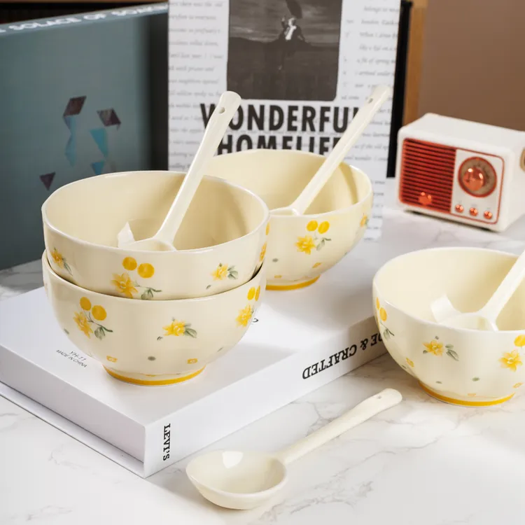 【4碗/4碗4勺】奶油风陶瓷釉下彩小晚菊米饭碗家用餐具套装碗勺