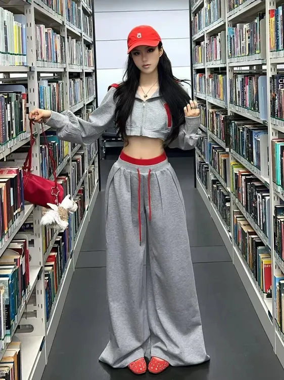 美式短款连帽卫衣外套女早秋拼色开衫上衣宽松直筒抽绳卫裤两件套