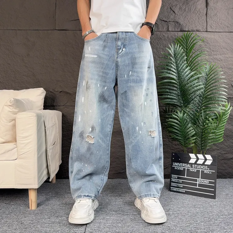 2025春秋季破洞做旧牛仔裤男潮流痞帅炸街直筒阔腿裤宽松百搭长裤
