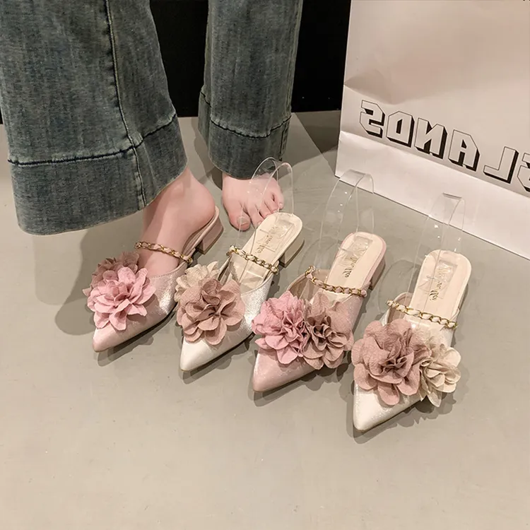 2025春季新款韩版碎花朵尖头包头半拖链条装饰粗跟凉拖中跟拖鞋女