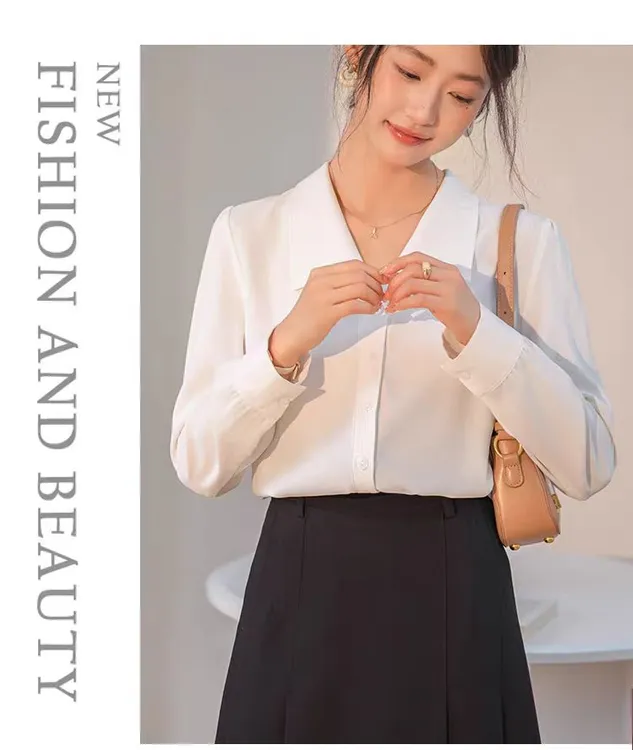 女装长袖秋季树脂固色衬衫白衬衫时尚法式职业装通勤
