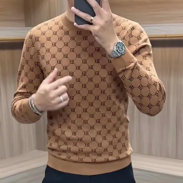 高端男装厚款毛衫2025秋冬潮牌提花男士长袖毛衣保暖针织打底衫