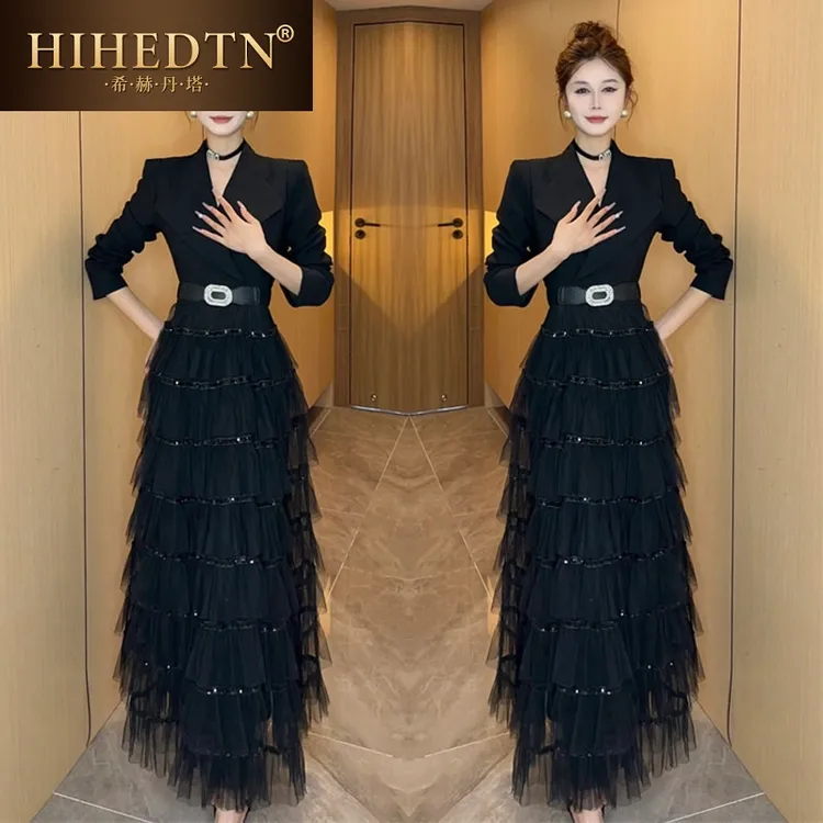 高级感显瘦气质时尚蛋糕裙女2025秋季新款西服领拼接网纱中长裙